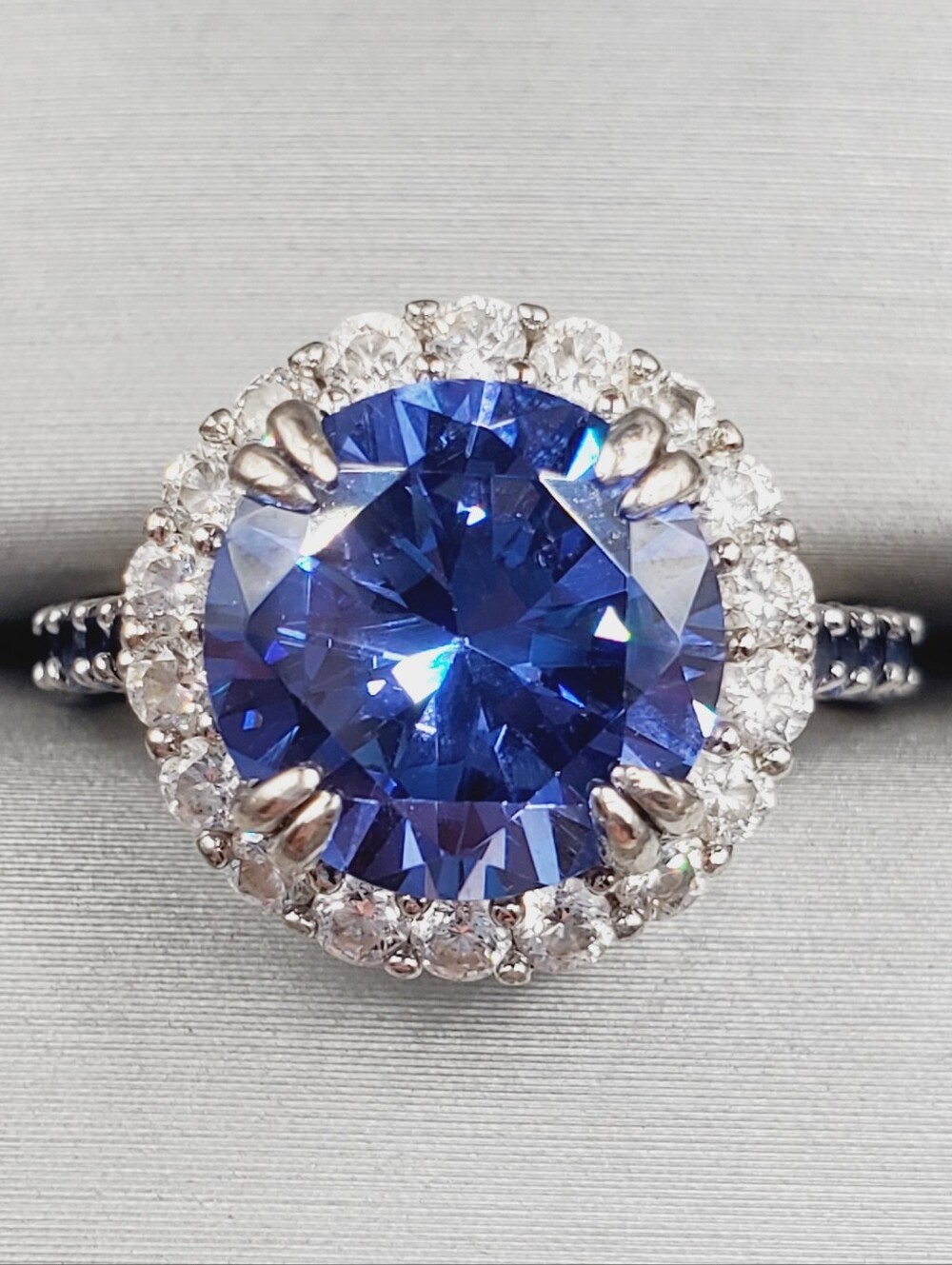 Round Tanzanite & Sapphire Double Prong Halo Ring - 925 Sterling Silver